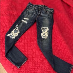 American Eagle Outfitters Women's Ripped Dark Blue Skinny Jeans xtra stretch
